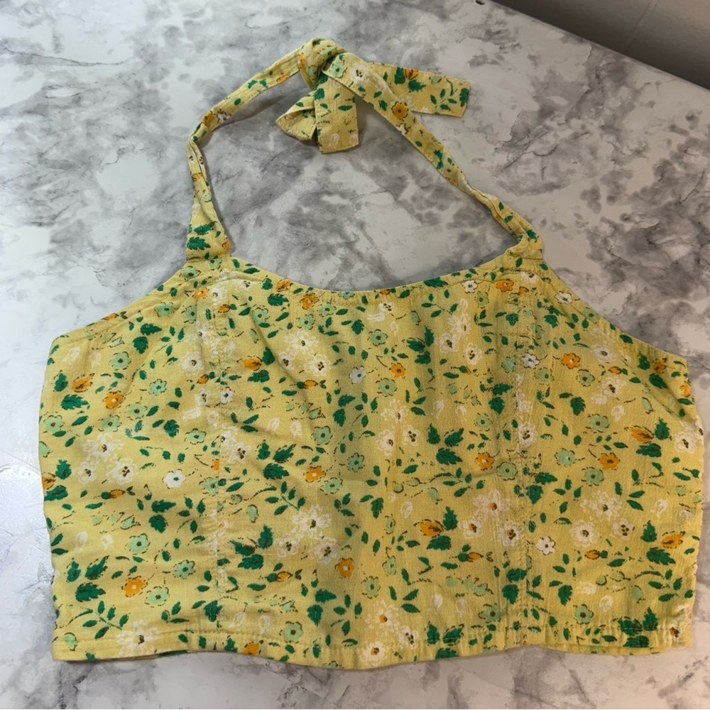 aerie Yellow Floral Halter Crop Top with Green Accents